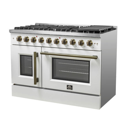 Forno Galiano 48-Inch Freestanding French Door Gas Range, White & Antique Brass FORNO