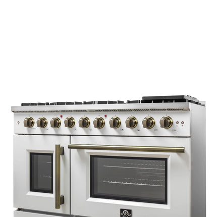 Forno Galiano 48-Inch Freestanding French Door Gas Range, White & Antique Brass FORNO