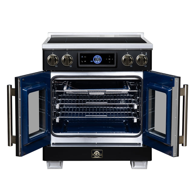 Maximus 30-Inch Induction range, French Door, 4 Cooking Zones, 4.32 cf. Convection Oven, Air Sous Vide, Air Fry Basket, Black FORNO