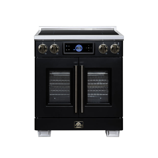 Maximus 30-Inch Induction range, French Door, 4 Cooking Zones, 4.32 cf. Convection Oven, Air Sous Vide, Air Fry Basket, Black FORNO