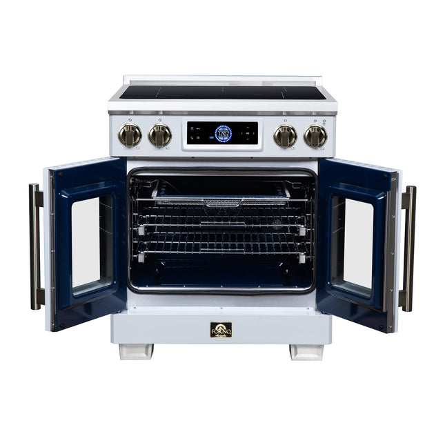 Maximus 30-Inch Induction range, French Door, 4 Cooking Zones, 4.32 cf. Convection Oven, Air Sous Vide, Air Fry Basket, White FORNO