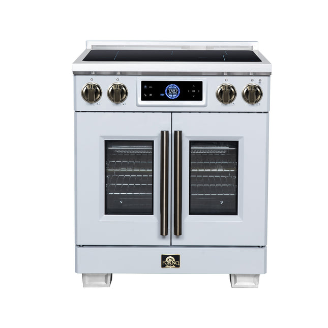 Maximus 30-Inch Induction range, French Door, 4 Cooking Zones, 4.32 cf. Convection Oven, Air Sous Vide, Air Fry Basket, White FORNO
