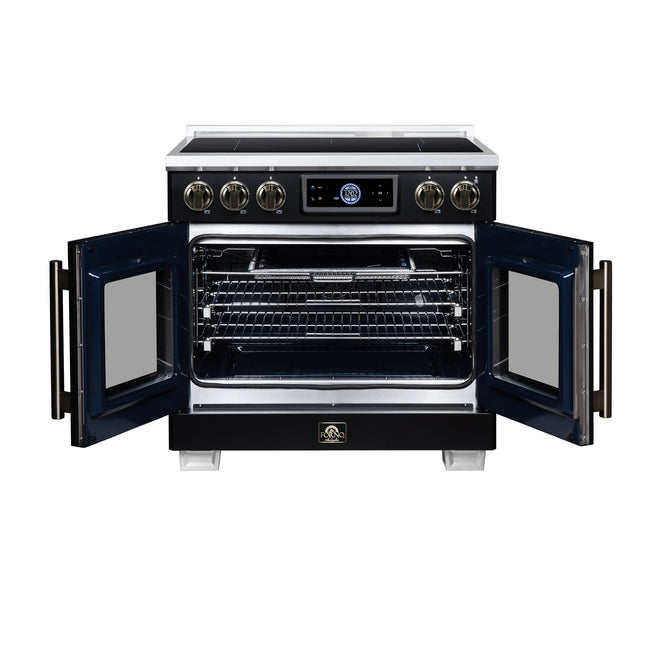 Maximus 36-Inch Induction range, French Door, 5 Cooking Zones, 5.36 cf. Convection Oven, Air Sous Vide, Air Fry Basket, Black FORNO