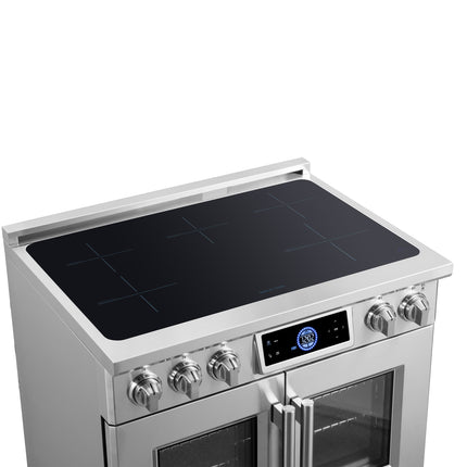 Maximus 36-Inch Induction range, French Door, 5 Cooking Zones, 5.36 cf. Convection Oven, Air Sous Vide, Air Fry Basket, Stainless Steel FORNO
