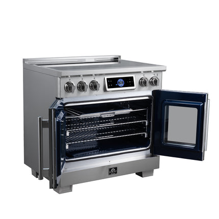 Maximus 36-Inch Induction range, French Door, 5 Cooking Zones, 5.36 cf. Convection Oven, Air Sous Vide, Air Fry Basket, Stainless Steel FORNO
