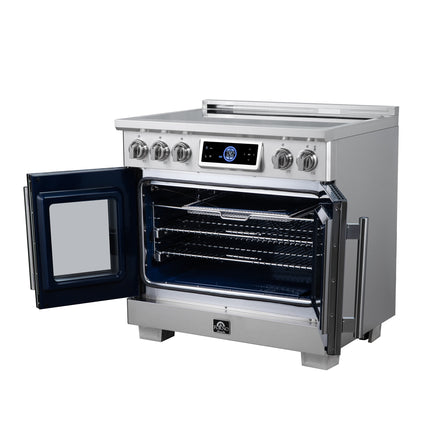 Maximus 36-Inch Induction range, French Door, 5 Cooking Zones, 5.36 cf. Convection Oven, Air Sous Vide, Air Fry Basket, Stainless Steel FORNO