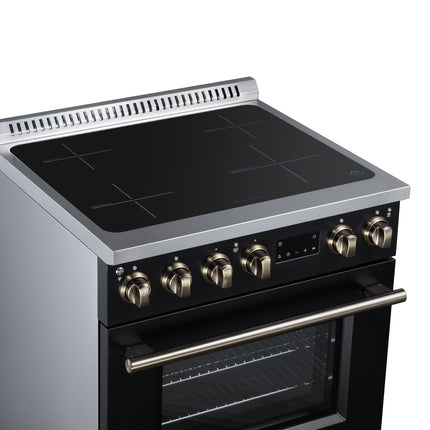 Torino 30 Inch Induction Range, 8,800W cooktop, 4.32 cf. True Convection Oven, Air Fry, Air Sous Vide, Smudge Resistant, Black FORNO