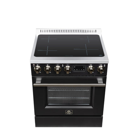 Torino 30 Inch Induction Range, 8,800W cooktop, 4.32 cf. True Convection Oven, Air Fry, Air Sous Vide, Smudge Resistant, Black FORNO