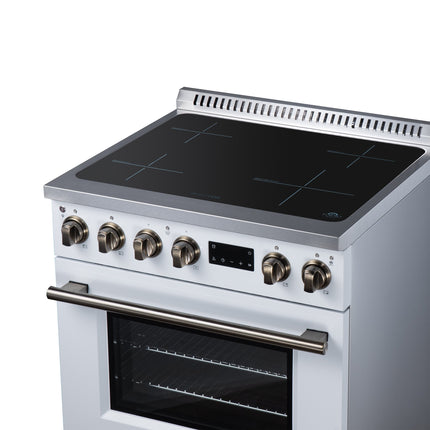 Torino 30 Inch Induction Range, 8,800W cooktop, 4.32 cf. True Convection Oven, Air Fry, Air Sous Vide, Smudge Resistant, White FORNO