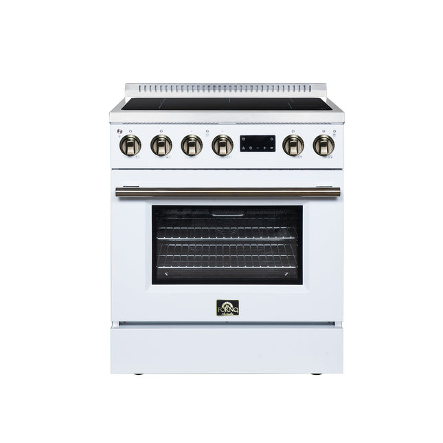 Torino 30 Inch Induction Range, 8,800W cooktop, 4.32 cf. True Convection Oven, Air Fry, Air Sous Vide, Smudge Resistant, White FORNO