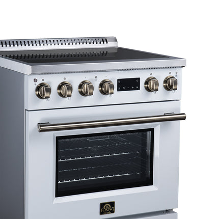 Torino 30 Inch Induction Range, 8,800W cooktop, 4.32 cf. True Convection Oven, Air Fry, Air Sous Vide, Smudge Resistant, White FORNO
