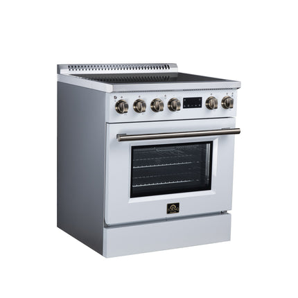 Torino 30 Inch Induction Range, 8,800W cooktop, 4.32 cf. True Convection Oven, Air Fry, Air Sous Vide, Smudge Resistant, White FORNO