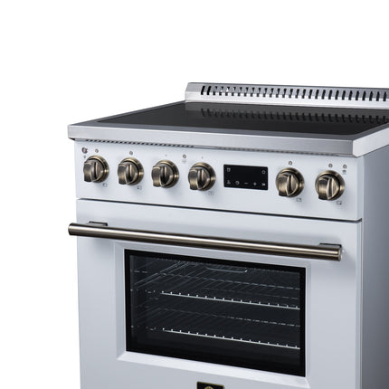 Torino 30 Inch Induction Range, 8,800W cooktop, 4.32 cf. True Convection Oven, Air Fry, Air Sous Vide, Smudge Resistant, White FORNO
