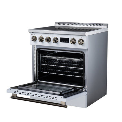 Torino 30 Inch Induction Range, 8,800W cooktop, 4.32 cf. True Convection Oven, Air Fry, Air Sous Vide, Smudge Resistant, White FORNO