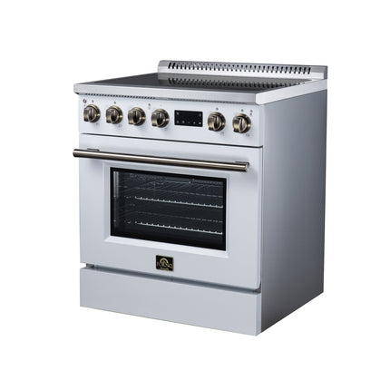 Torino 30 Inch Induction Range, 8,800W cooktop, 4.32 cf. True Convection Oven, Air Fry, Air Sous Vide, Smudge Resistant, White FORNO