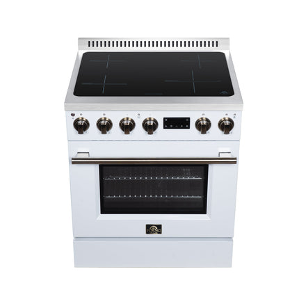 Torino 30 Inch Induction Range, 8,800W cooktop, 4.32 cf. True Convection Oven, Air Fry, Air Sous Vide, Smudge Resistant, White FORNO