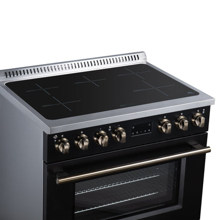 Torino 36 Inch Induction Range, 10,900W cooktop, 5.36 cf. True Convection Oven, Air Fry, Air Sous Vide, Smudge Resistant, Black FORNO