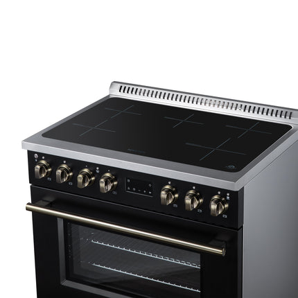 Torino 36 Inch Induction Range, 10,900W cooktop, 5.36 cf. True Convection Oven, Air Fry, Air Sous Vide, Smudge Resistant, Black FORNO