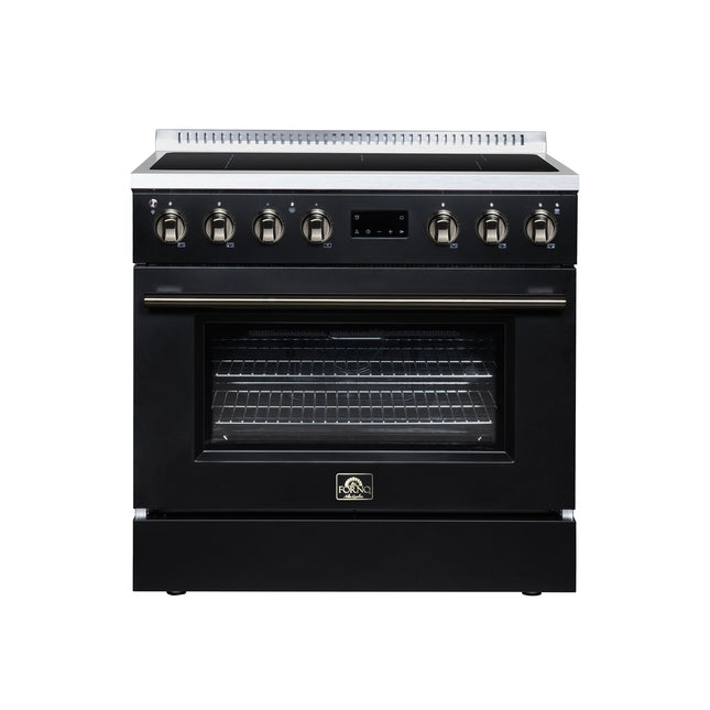 Torino 36 Inch Induction Range, 10,900W cooktop, 5.36 cf. True Convection Oven, Air Fry, Air Sous Vide, Smudge Resistant, Black FORNO