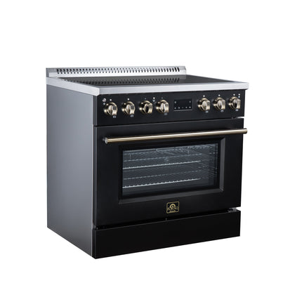 Torino 36 Inch Induction Range, 10,900W cooktop, 5.36 cf. True Convection Oven, Air Fry, Air Sous Vide, Smudge Resistant, Black FORNO