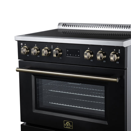 Torino 36 Inch Induction Range, 10,900W cooktop, 5.36 cf. True Convection Oven, Air Fry, Air Sous Vide, Smudge Resistant, Black FORNO
