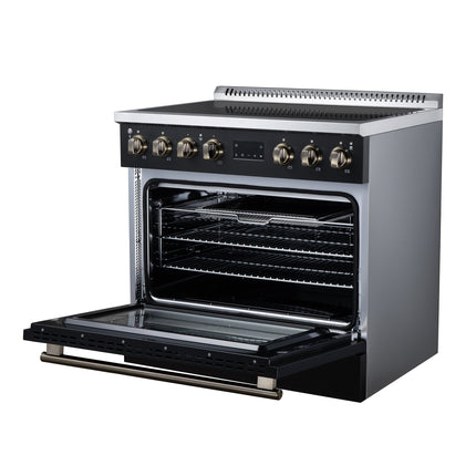 Torino 36 Inch Induction Range, 10,900W cooktop, 5.36 cf. True Convection Oven, Air Fry, Air Sous Vide, Smudge Resistant, Black FORNO