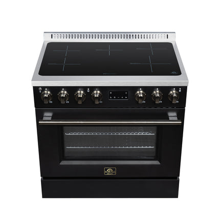 Torino 36 Inch Induction Range, 10,900W cooktop, 5.36 cf. True Convection Oven, Air Fry, Air Sous Vide, Smudge Resistant, Black FORNO