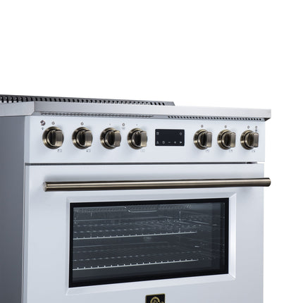 Torino 36 Inch Induction Range, 10,900W cooktop, 5.36 cf. True Convection Oven, Air Fry, Air Sous Vide, Smudge Resistant, White FORNO