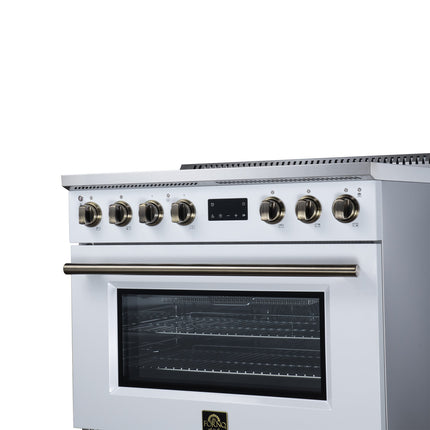 Torino 36 Inch Induction Range, 10,900W cooktop, 5.36 cf. True Convection Oven, Air Fry, Air Sous Vide, Smudge Resistant, White FORNO