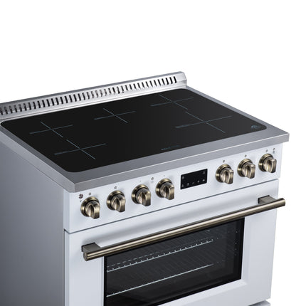 Torino 36 Inch Induction Range, 10,900W cooktop, 5.36 cf. True Convection Oven, Air Fry, Air Sous Vide, Smudge Resistant, White FORNO