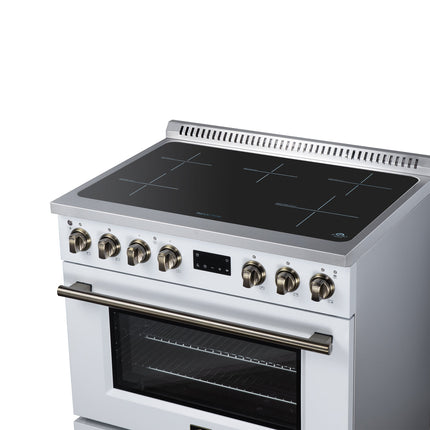 Torino 36 Inch Induction Range, 10,900W cooktop, 5.36 cf. True Convection Oven, Air Fry, Air Sous Vide, Smudge Resistant, White FORNO