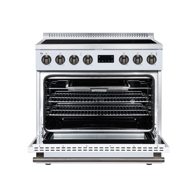 Torino 36 Inch Induction Range, 10,900W cooktop, 5.36 cf. True Convection Oven, Air Fry, Air Sous Vide, Smudge Resistant, White FORNO