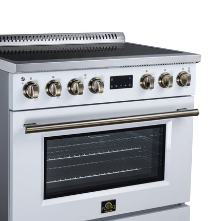 Torino 36 Inch Induction Range, 10,900W cooktop, 5.36 cf. True Convection Oven, Air Fry, Air Sous Vide, Smudge Resistant, White FORNO