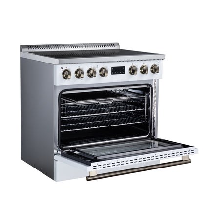 Torino 36 Inch Induction Range, 10,900W cooktop, 5.36 cf. True Convection Oven, Air Fry, Air Sous Vide, Smudge Resistant, White FORNO
