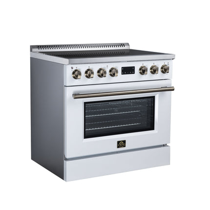 Torino 36 Inch Induction Range, 10,900W cooktop, 5.36 cf. True Convection Oven, Air Fry, Air Sous Vide, Smudge Resistant, White FORNO