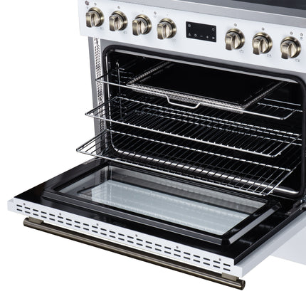 Torino 36 Inch Induction Range, 10,900W cooktop, 5.36 cf. True Convection Oven, Air Fry, Air Sous Vide, Smudge Resistant, White FORNO