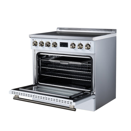 Torino 36 Inch Induction Range, 10,900W cooktop, 5.36 cf. True Convection Oven, Air Fry, Air Sous Vide, Smudge Resistant, White FORNO