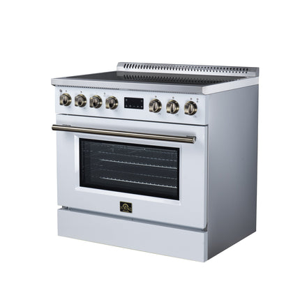 Torino 36 Inch Induction Range, 10,900W cooktop, 5.36 cf. True Convection Oven, Air Fry, Air Sous Vide, Smudge Resistant, White FORNO