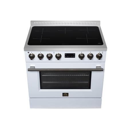 Torino 36 Inch Induction Range, 10,900W cooktop, 5.36 cf. True Convection Oven, Air Fry, Air Sous Vide, Smudge Resistant, White FORNO