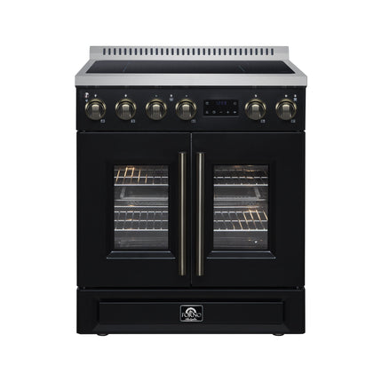 Torino French Door 30 Inch Induction Range with Air Fryer, Air Sous Vide & True Convection, Dual Broiler, Black FORNO
