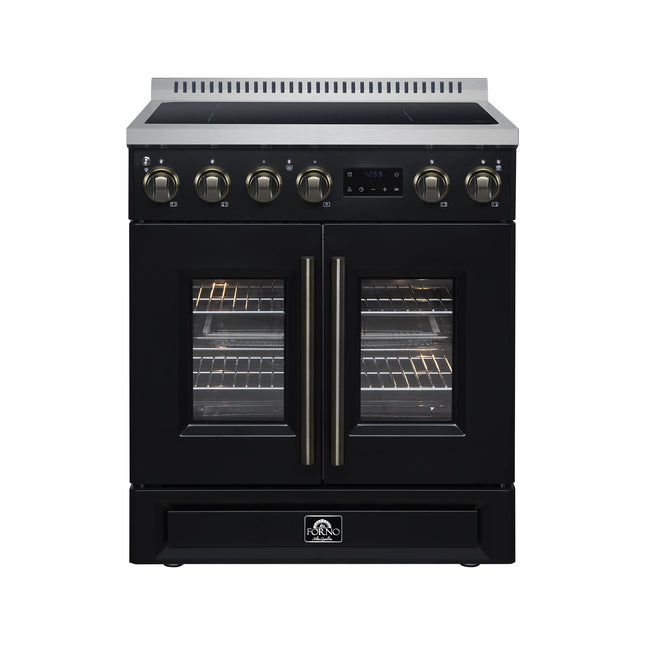 Torino French Door 30 Inch Induction Range with Air Fryer, Air Sous Vide & True Convection, Dual Broiler, Black FORNO