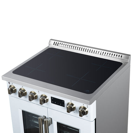 Torino French Door 30 Inch Induction Range with Air Fryer, Air Sous Vide & True Convection, Dual Broiler, White FORNO