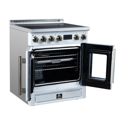 Torino French Door 30 Inch Induction Range with Air Fryer, Air Sous Vide & True Convection, Dual Broiler, White FORNO