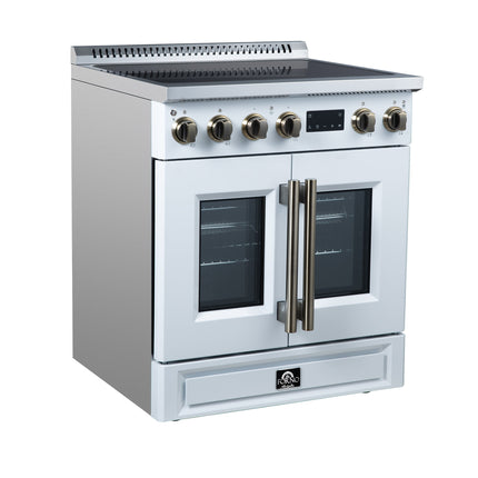 Torino French Door 30 Inch Induction Range with Air Fryer, Air Sous Vide & True Convection, Dual Broiler, White FORNO