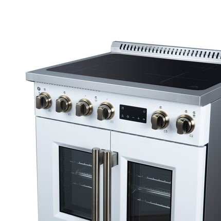 Torino French Door 30 Inch Induction Range with Air Fryer, Air Sous Vide & True Convection, Dual Broiler, White FORNO