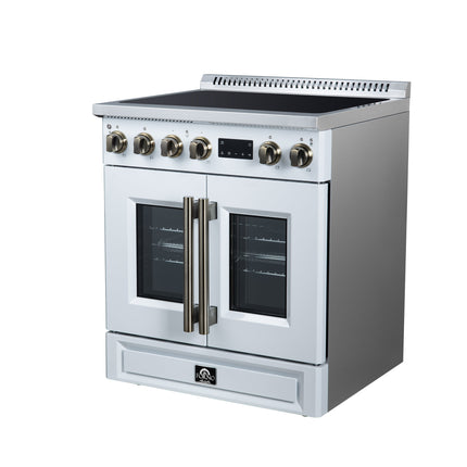 Torino French Door 30 Inch Induction Range with Air Fryer, Air Sous Vide & True Convection, Dual Broiler, White FORNO