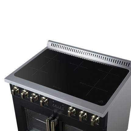 Torino French Door 36 Inch Induction Range with Air Fryer, Air Sous Vide & True Convection, Dual Broiler, Black FORNO