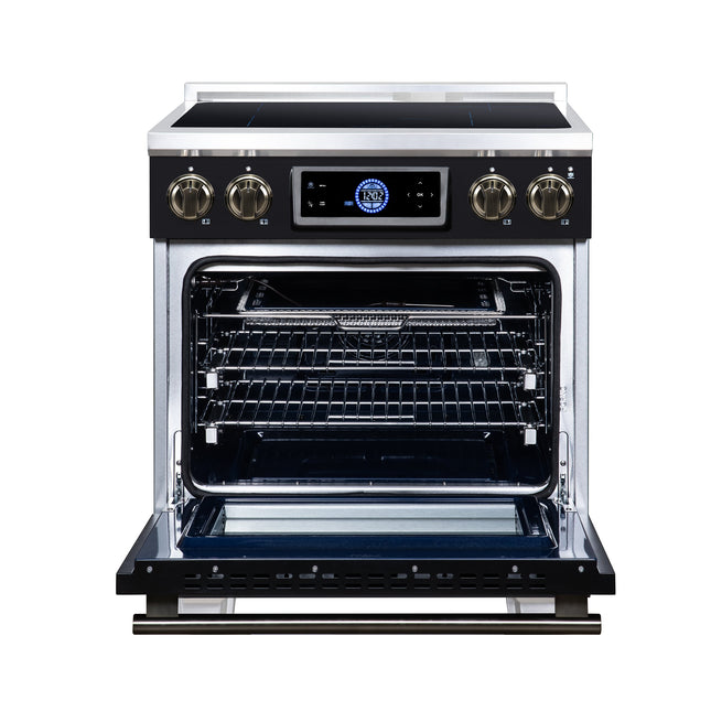 Maximus 30 Inch Induction Range, 8,800 Total Cooktop, 4.32 cf. True Convection Oven, Air Fryer, Air Sous Vide, Black FORNO