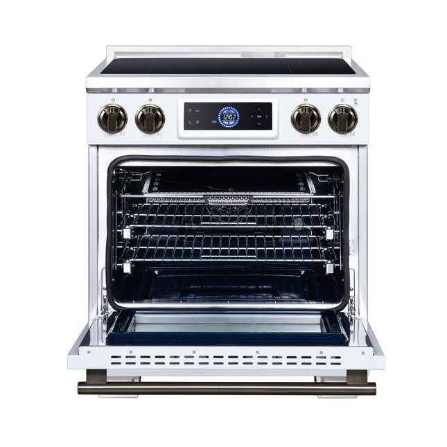 Maximus 30 Inch Induction Range, 8,800 Total Cooktop, 4.32 cf. True Convection Oven, Air Fryer, Air Sous Vide, White FORNO