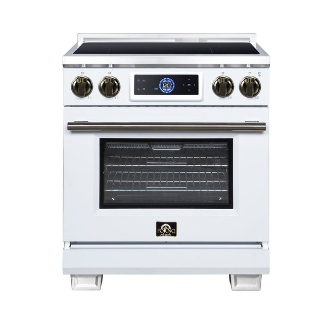 Maximus 30 Inch Induction Range, 8,800 Total Cooktop, 4.32 cf. True Convection Oven, Air Fryer, Air Sous Vide, White FORNO
